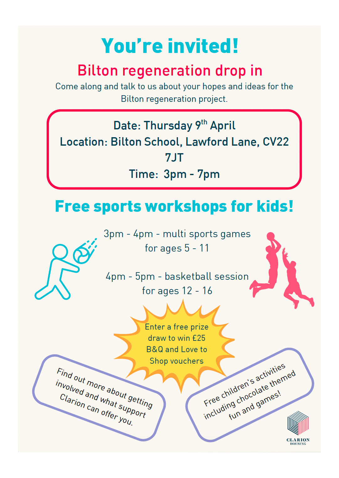 An informational flyer from Clarion Housing Group regarding the Bilton Estate in Rugby, dated January 2026, inviting for sports workshops