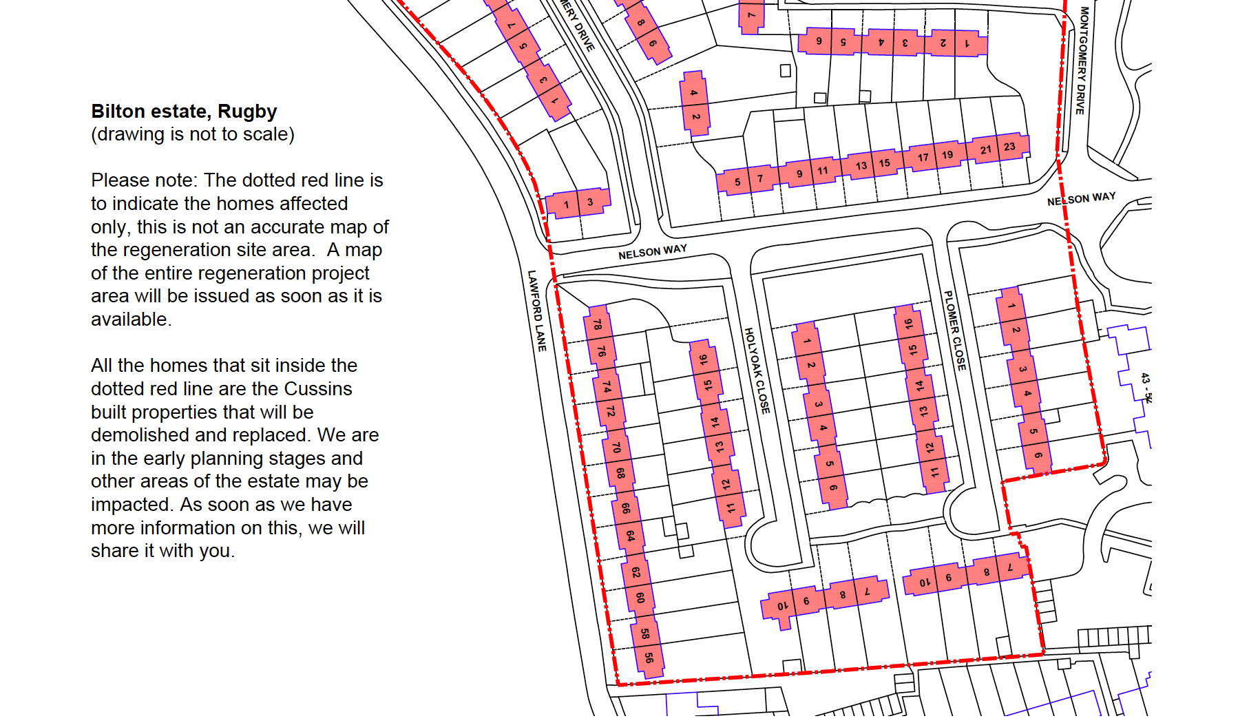 Map section showcasing some of the homes that are affected by the regeneration project